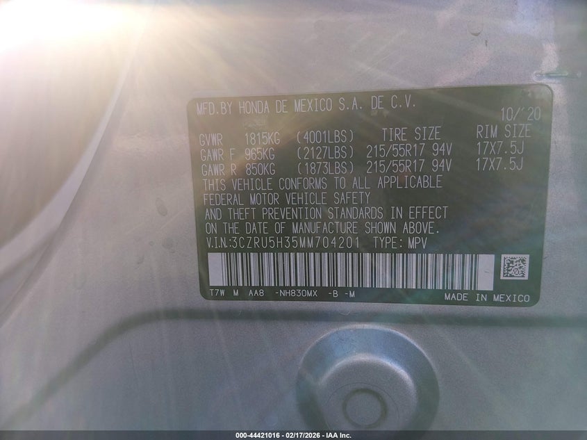 2021 HONDA HR-V 1.8L I-4 VVT, 141HP(VIN: 3CZRU5H35MM704201