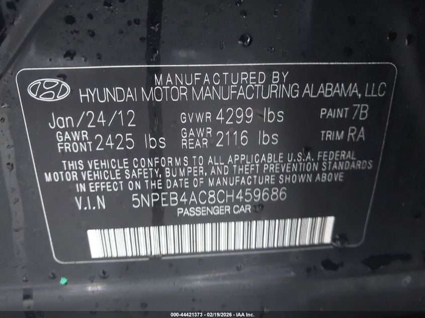 2012 Hyundai Sonata Gls VIN: 5NPEB4AC8CH459686 Lot: 44421373