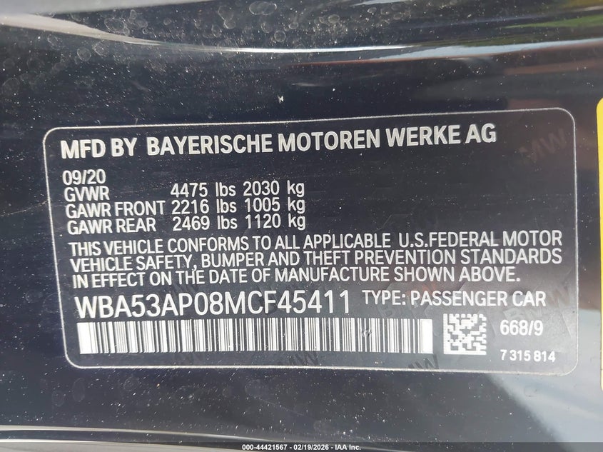 2021 BMW 430I VIN: WBA53AP08MCF45411 Lot: 44421567
