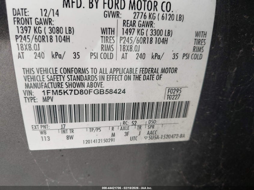 2015 Ford Explorer Xlt VIN: 1FM5K7D80FGB58424 Lot: 44421706