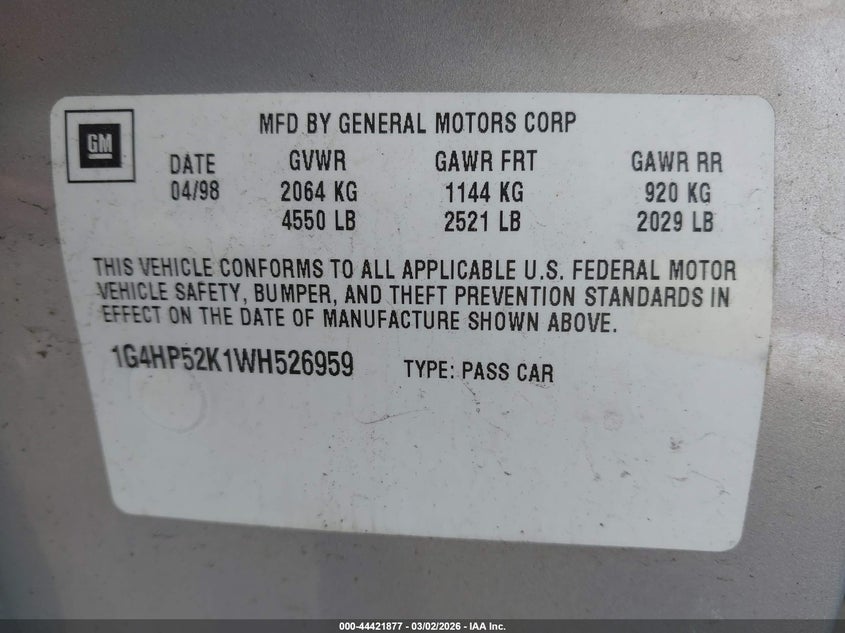 1998 Buick Lesabre Custom VIN: 1G4HP52K1WH526959 Lot: 44421877