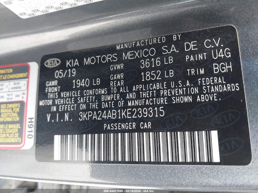 2019 Kia Rio S VIN: 3KPA24AB1KE239315 Lot: 44421940