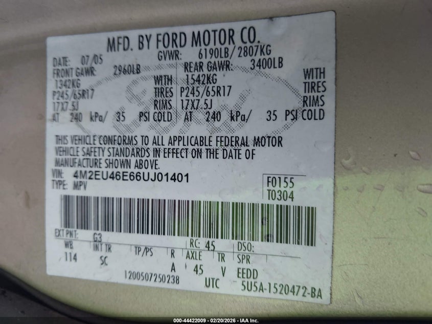 2006 Mercury Mountaineer Convenience VIN: 4M2EU46E66UJ01401 Lot: 44422009