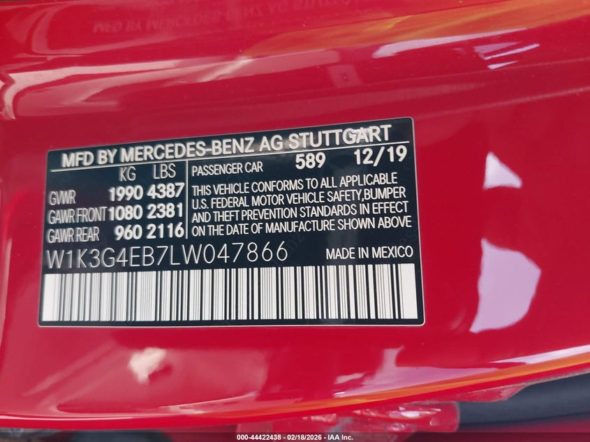 2020 Mercedes-Benz A 220 VIN: W1K3G4EB7LW047866 Lot: 44422438