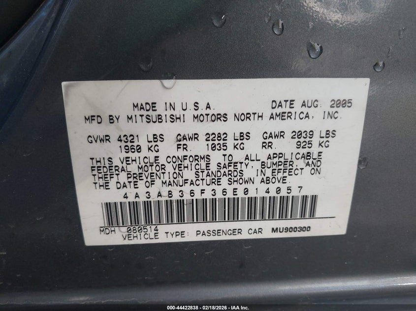 2006 Mitsubishi Galant Es/Se VIN: 4A3AB36F36E014057 Lot: 44422838