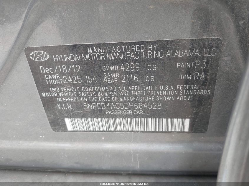 2013 Hyundai Sonata Gls VIN: 5NPEB4AC5DH664528 Lot: 44423072
