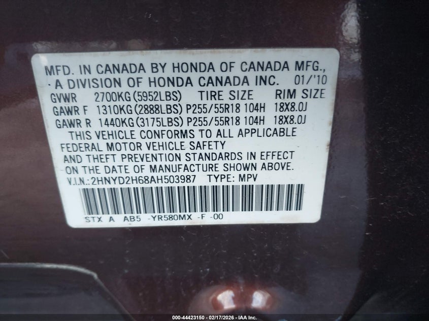 2010 Acura Mdx Technology Package VIN: 2HNYD2H68AH503987 Lot: 44423150