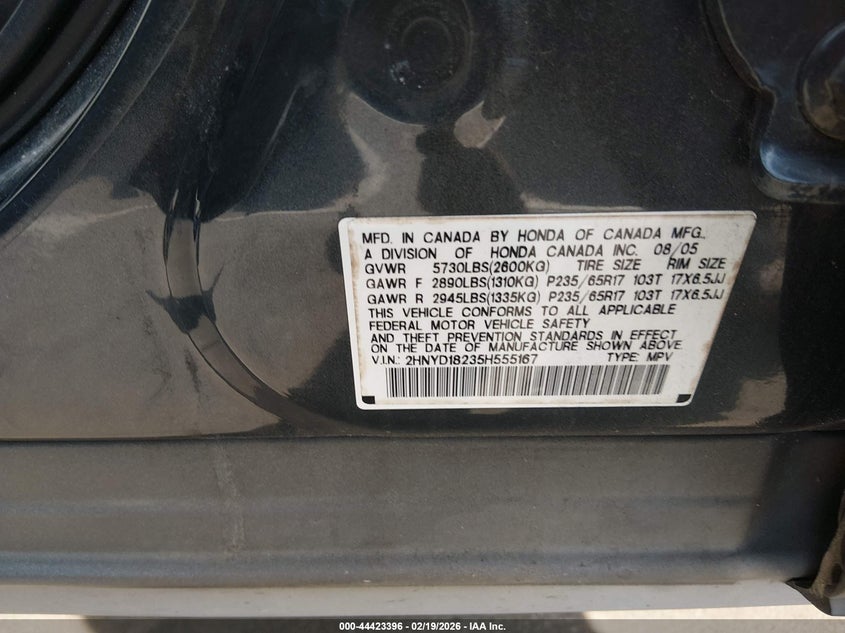 2005 Acura Mdx VIN: 2HNYD18235H555167 Lot: 44423396