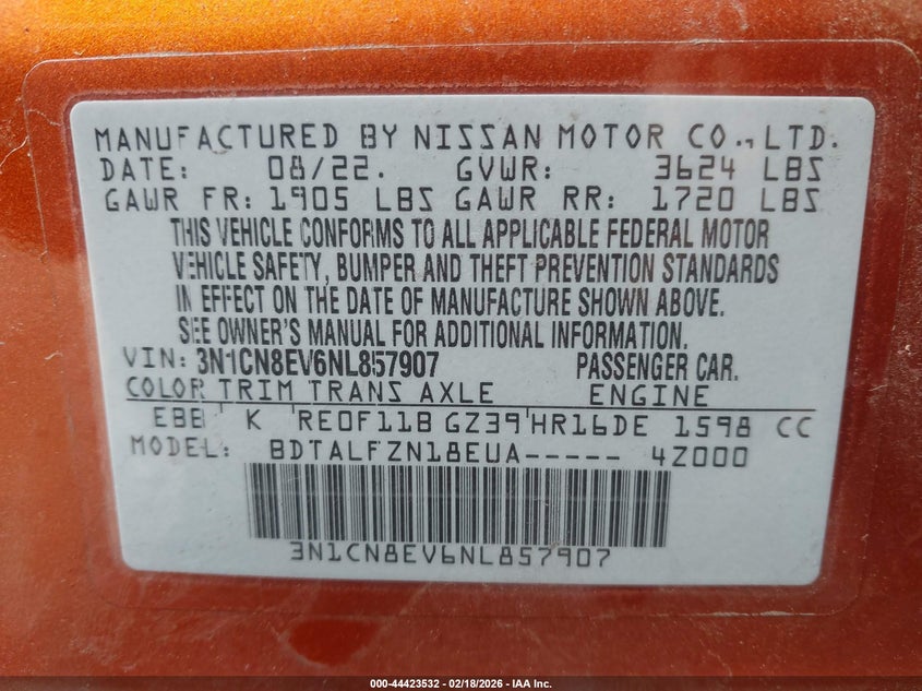 2022 Nissan Versa 1.6 Sv Xtronic Cvt VIN: 3N1CN8EV6NL857907 Lot: 44423532