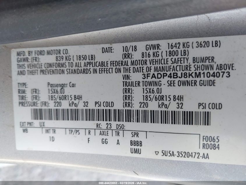 2019 Ford Fiesta Se VIN: 3FADP4BJ8KM104073 Lot: 44423553