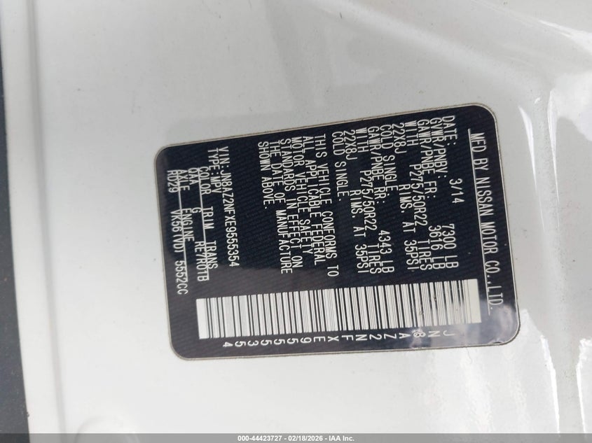 2014 Infiniti Qx80 VIN: JN8AZ2NFXE9555354 Lot: 44423727