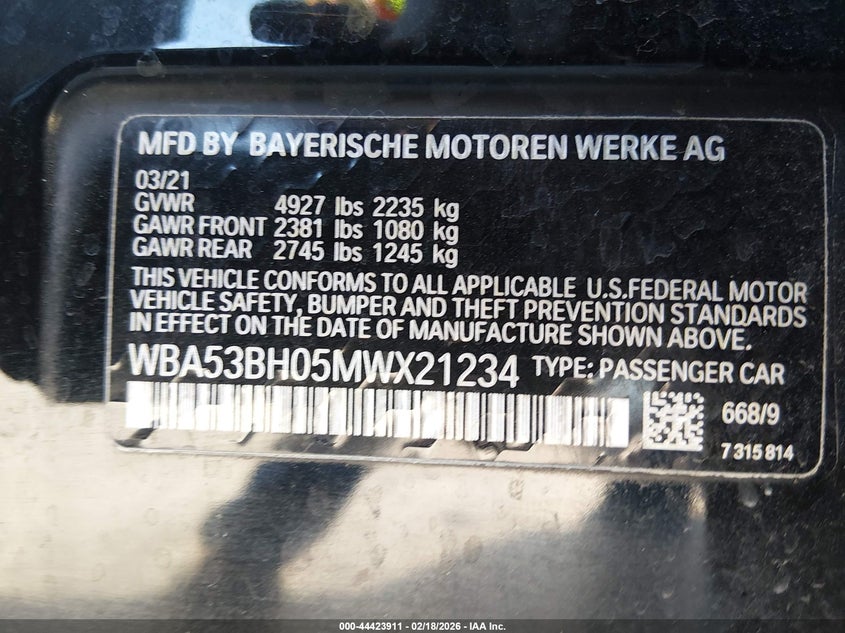 2021 BMW 530I VIN: WBA53BH05MWX21234 Lot: 44423911