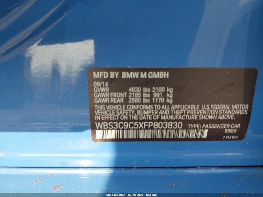 2015 BMW M3 VIN: WBS3C9C5XFP803830 Lot: 44423937