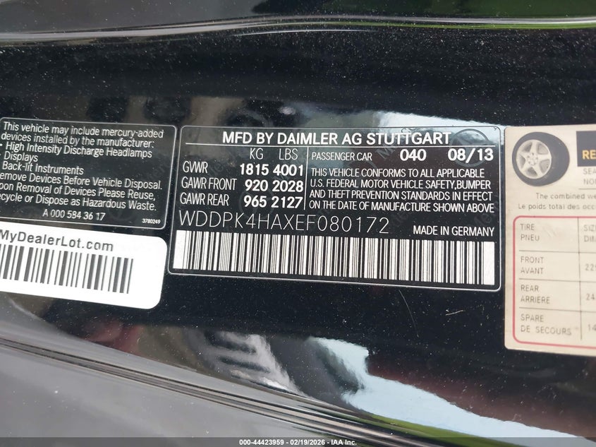 2014 Mercedes-Benz Slk 250 VIN: WDDPK4HAXEF080172 Lot: 44423959