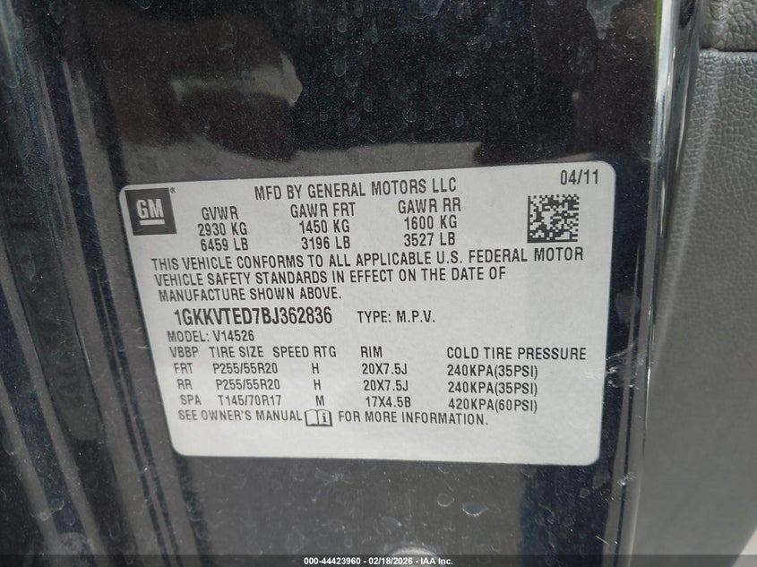 2011 GMC Acadia Denali VIN: 1GKKVTED7BJ362836 Lot: 44423960
