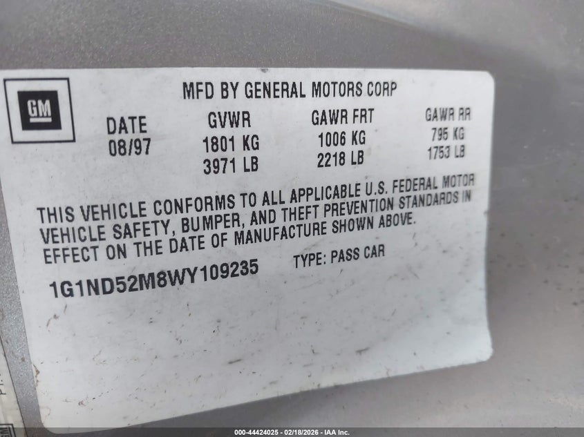 1998 Chevrolet Malibu VIN: 1G1ND52M8WY109235 Lot: 44424025