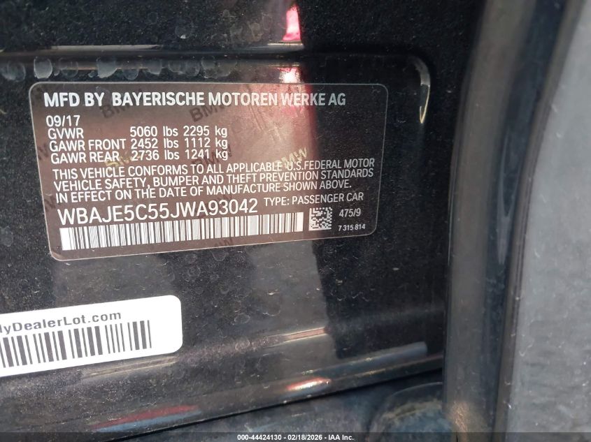 2018 BMW 540I VIN: WBAJE5C55JWA93042 Lot: 44424130