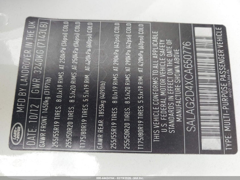 2012 Land Rover Lr4 VIN: SALAG2D4XCA650776 Lot: 44424164