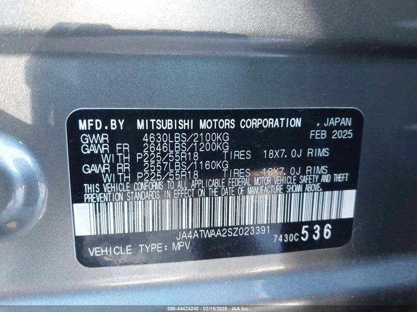 2025 Mitsubishi Eclipse Cross Black Edition S-Awc VIN: JA4ATWAA2SZ023391 Lot: 44424240