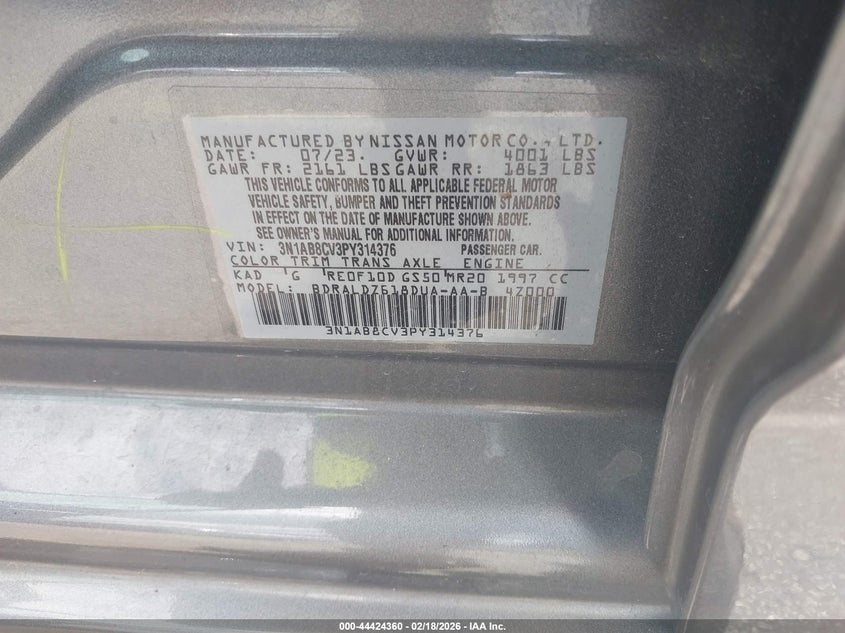 2023 Nissan Sentra Sv Xtronic Cvt VIN: 3N1AB8CV3PY314376 Lot: 44424360