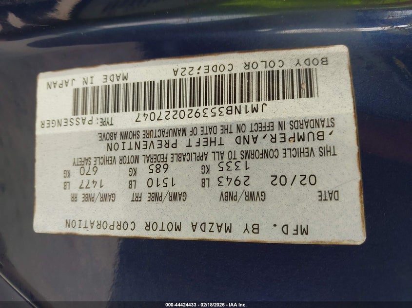 2002 Mazda Mx-5 Miata Cloth/Ls/Se VIN: JM1NB353920227047 Lot: 44424433