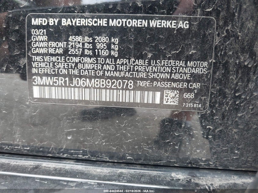 2021 BMW 330I VIN: 3MW5R1J06M8B92078 Lot: 44424544