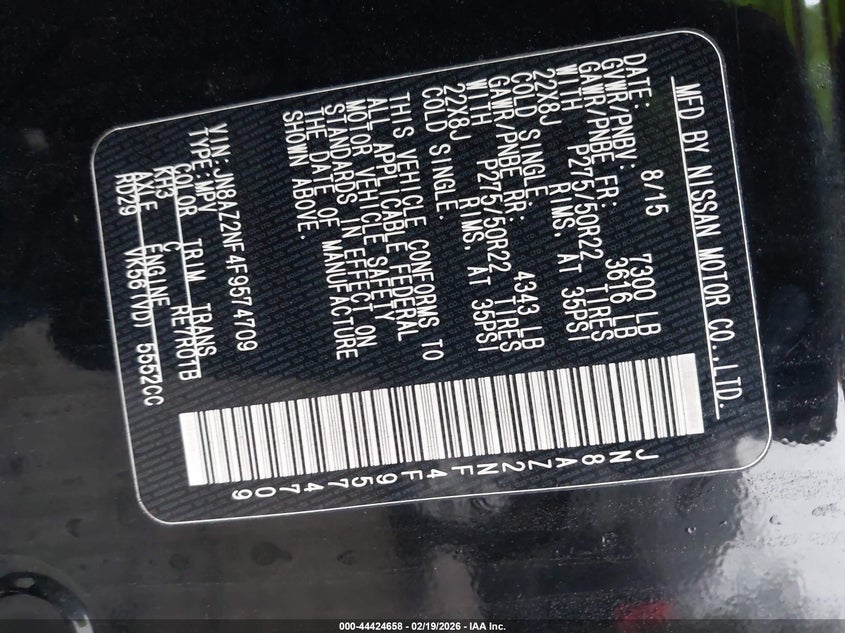 2015 Infiniti Qx80 VIN: JN8AZ2NF4F9574709 Lot: 44424658