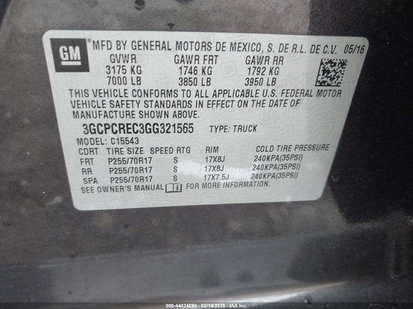 2016 Chevrolet Silverado 1500 1Lt VIN: 3GCPCREC3GG321565 Lot: 44424898