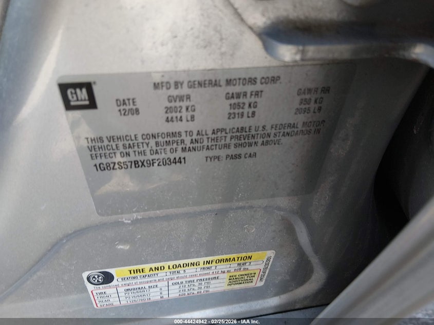 2009 Saturn Aura Xe VIN: 1G8ZS57BX9F203441 Lot: 44424942
