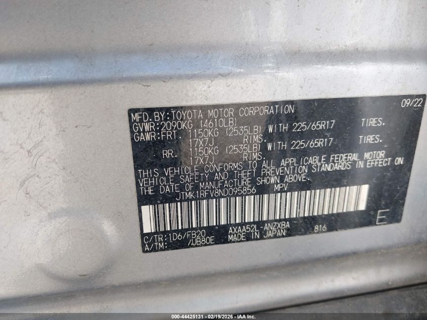 2022 Toyota Rav4 Le VIN: JTMK1RFV8ND095856 Lot: 44425131