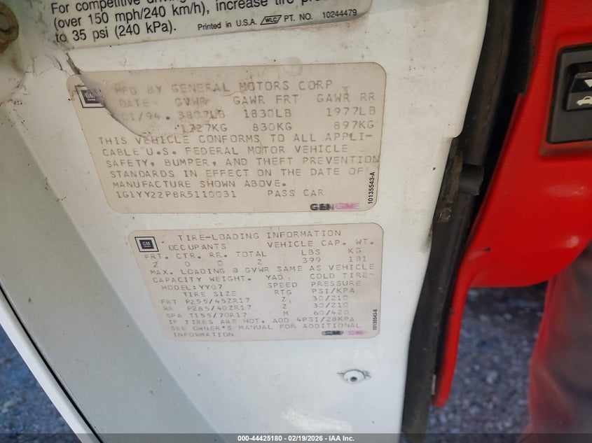 1994 Chevrolet Corvette VIN: 1G1YY22P8R5110031 Lot: 44425180