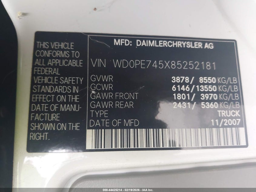 2008 Dodge Sprinter Van 2500 VIN: WD0PE745X85252181 Lot: 44425214