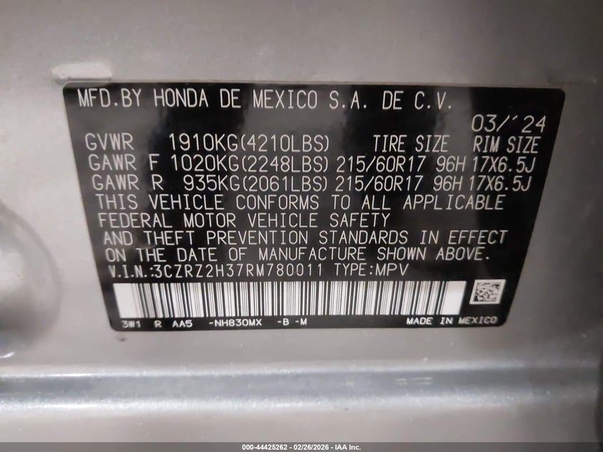 VIN: 3CZRZ2H37RM780011 2024 HONDA HR-V AWD LX