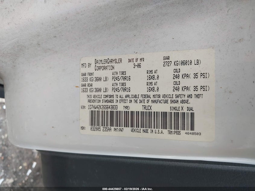 2006 Dodge Dakota Slt VIN: 1D7HW42K26S643833 Lot: 44425657