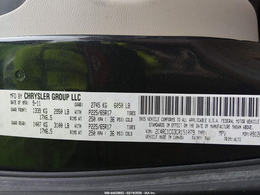 2012 Chrysler Town & Country Touring-L VIN: 2C4RC1CG3CR151079 Lot: 44425682