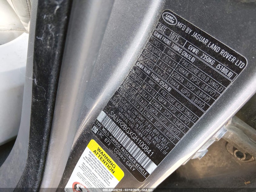 2016 Land Rover Range Rover Evoque Hse VIN: SALVR2BGXGH100841 Lot: 44425716