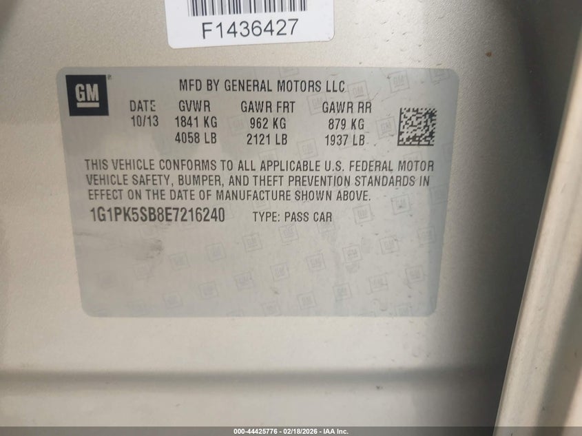 2014 Chevrolet Cruze Lt VIN: 1G1PK5SB8E7216240 Lot: 44425776