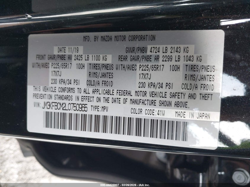 2020 Mazda Cx-5 2.5 Cx-5 Touring black Lot 111044425907 Vin JM3KFBCM2L0750965