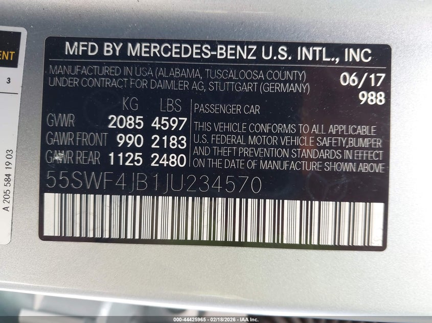 2018 Mercedes-Benz C 300 VIN: 55SWF4JB1JU234570 Lot: 44425965