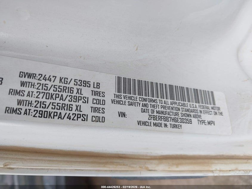 2017 Ram Promaster City Tradesman Slt VIN: ZFBERFBB7H6E30359 Lot: 44426253