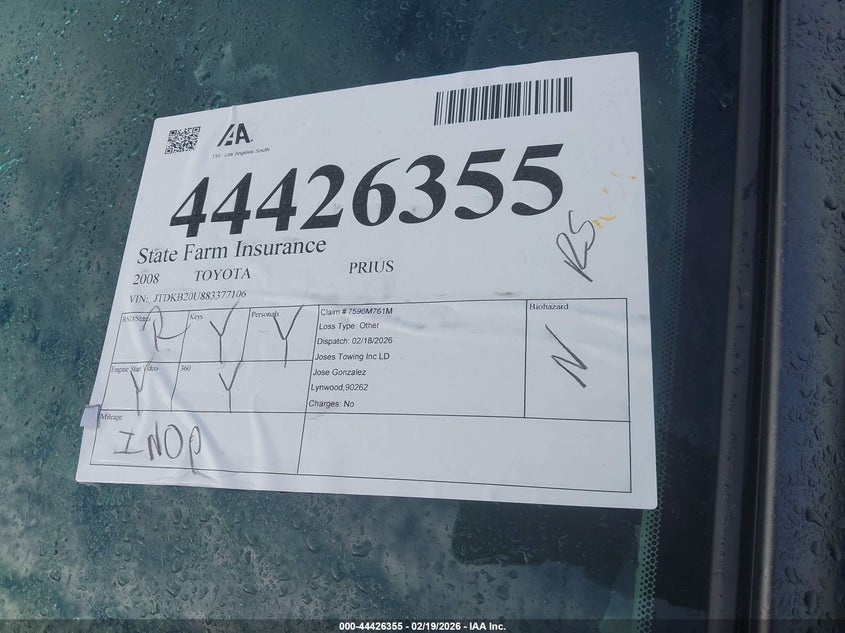 2008 Toyota Prius VIN: JTDKB20U883377106 Lot: 44426355