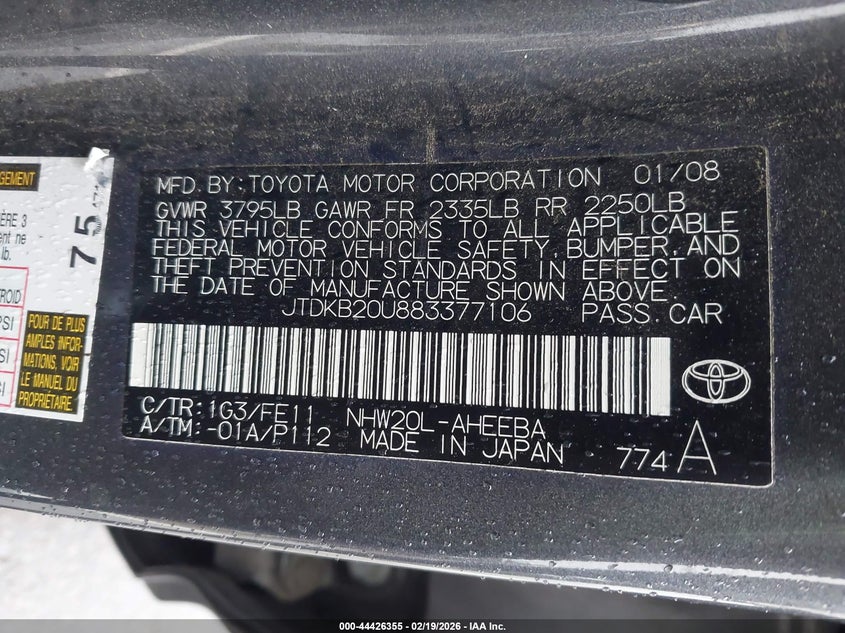 2008 Toyota Prius VIN: JTDKB20U883377106 Lot: 44426355