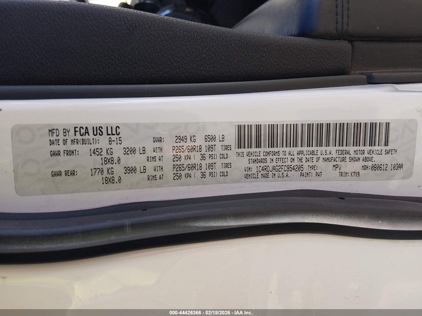 2015 Dodge Durango Sxt VIN: 1C4RDJAG2FC954205 Lot: 44426366