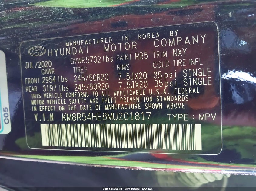 2021 Hyundai Palisade Limited VIN: KM8R54HE8MU201817 Lot: 44426378