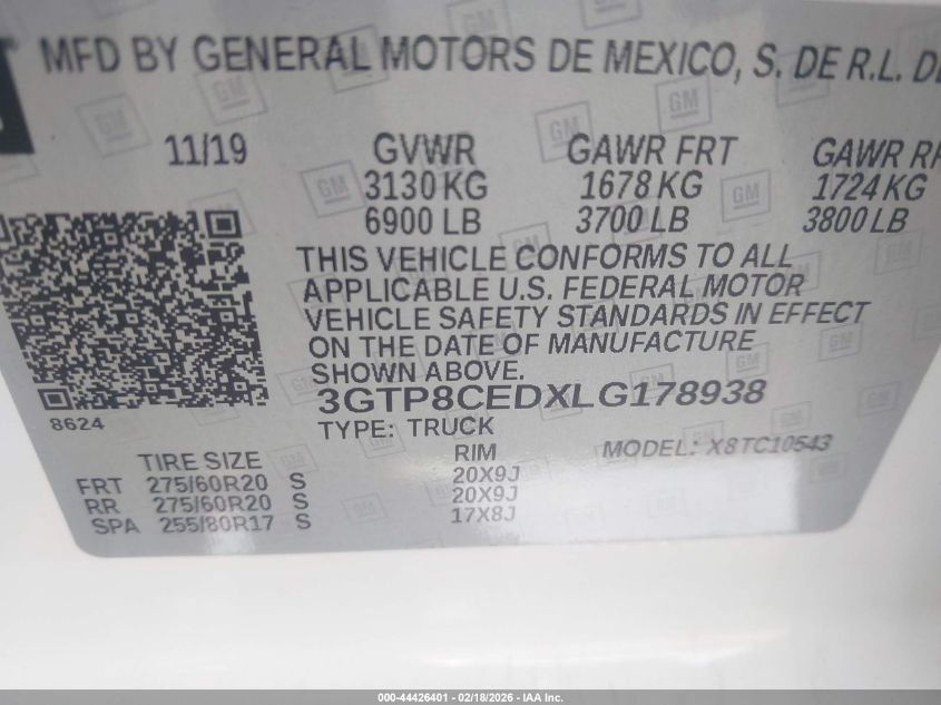 2020 GMC Sierra 1500 2Wd Short Box Elevation VIN: 3GTP8CEDXLG178938 Lot: 44426401