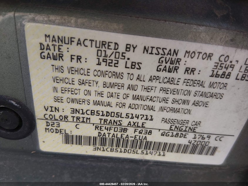 2005 Nissan Sentra 1.8S VIN: 3N1CB51D05L514711 Lot: 44426457