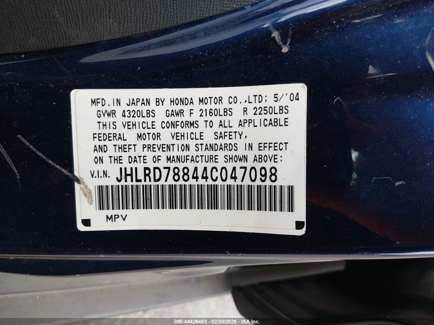 2004 Honda Cr-V Ex VIN: JHLRD78844C047098 Lot: 44426483