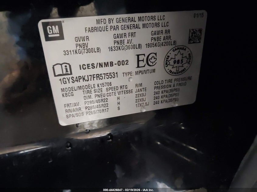 2015 Cadillac Escalade Platinum VIN: 1GYS4PKJ7FR575531 Lot: 44426847