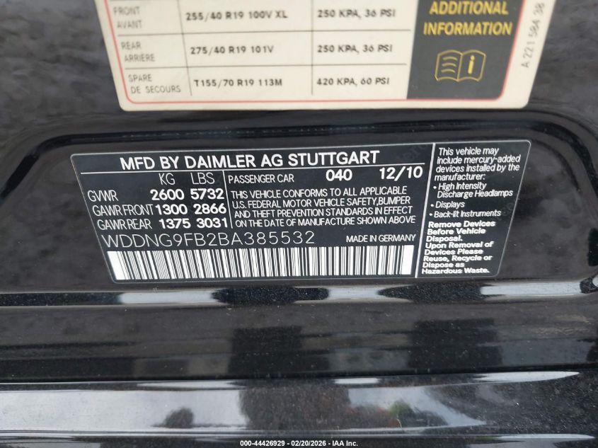 2011 Mercedes-Benz S 400 Hybrid VIN: WDDNG9FB2BA385532 Lot: 44426929