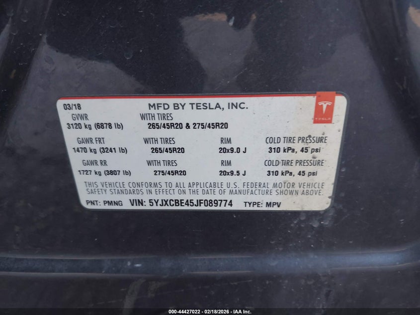 2018 Tesla Model X 100D/75D/P100D VIN: 5YJXCBE45JF089774 Lot: 44427022